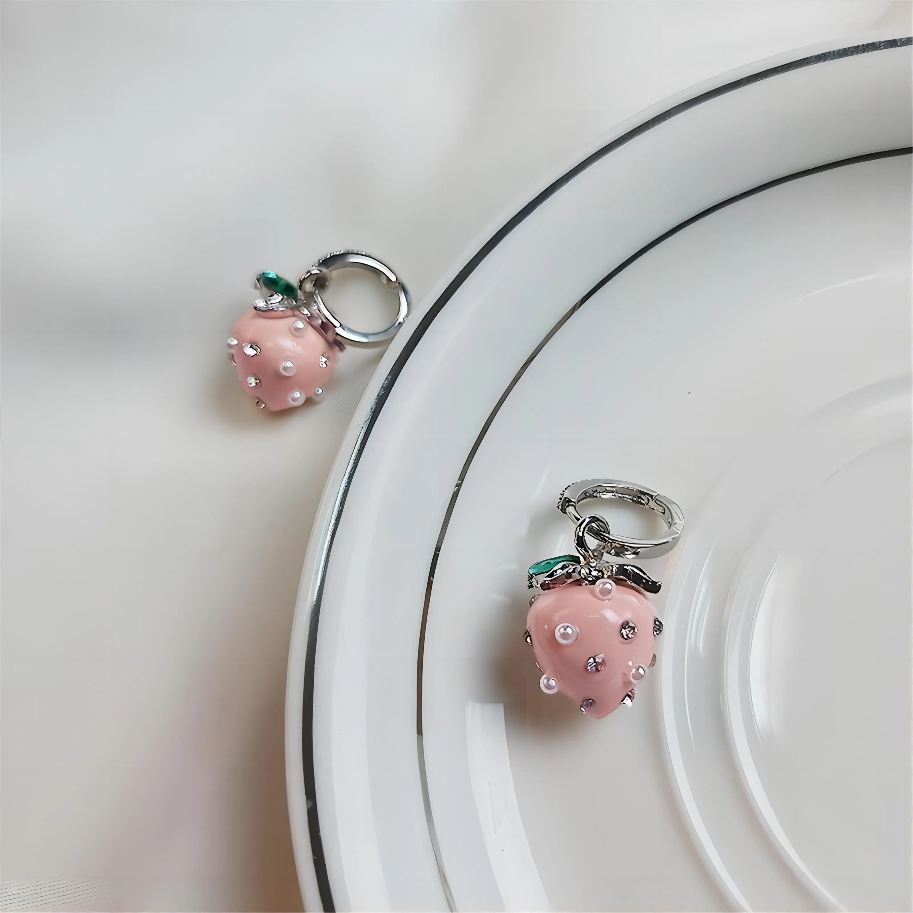 Chic CZ Inlaid Enamel Pink Strawberry Huggie Hoop Earrings