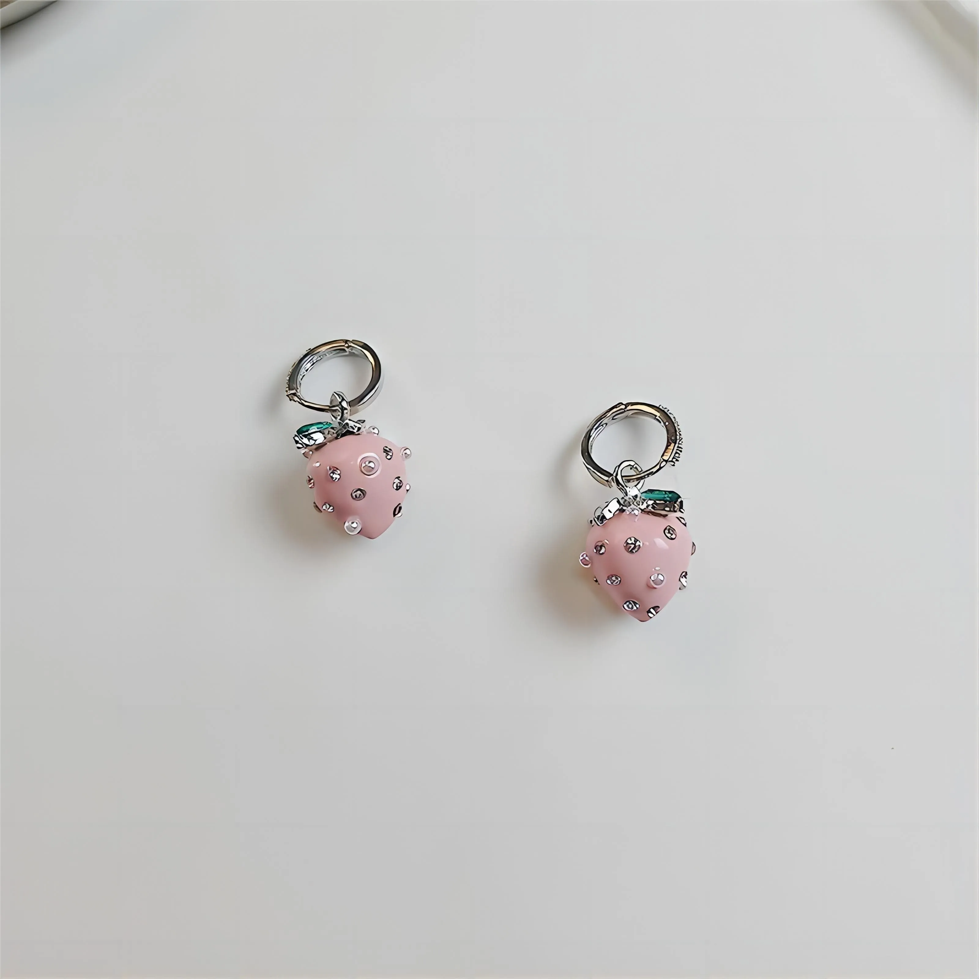 Chic CZ Inlaid Enamel Pink Strawberry Huggie Hoop Earrings