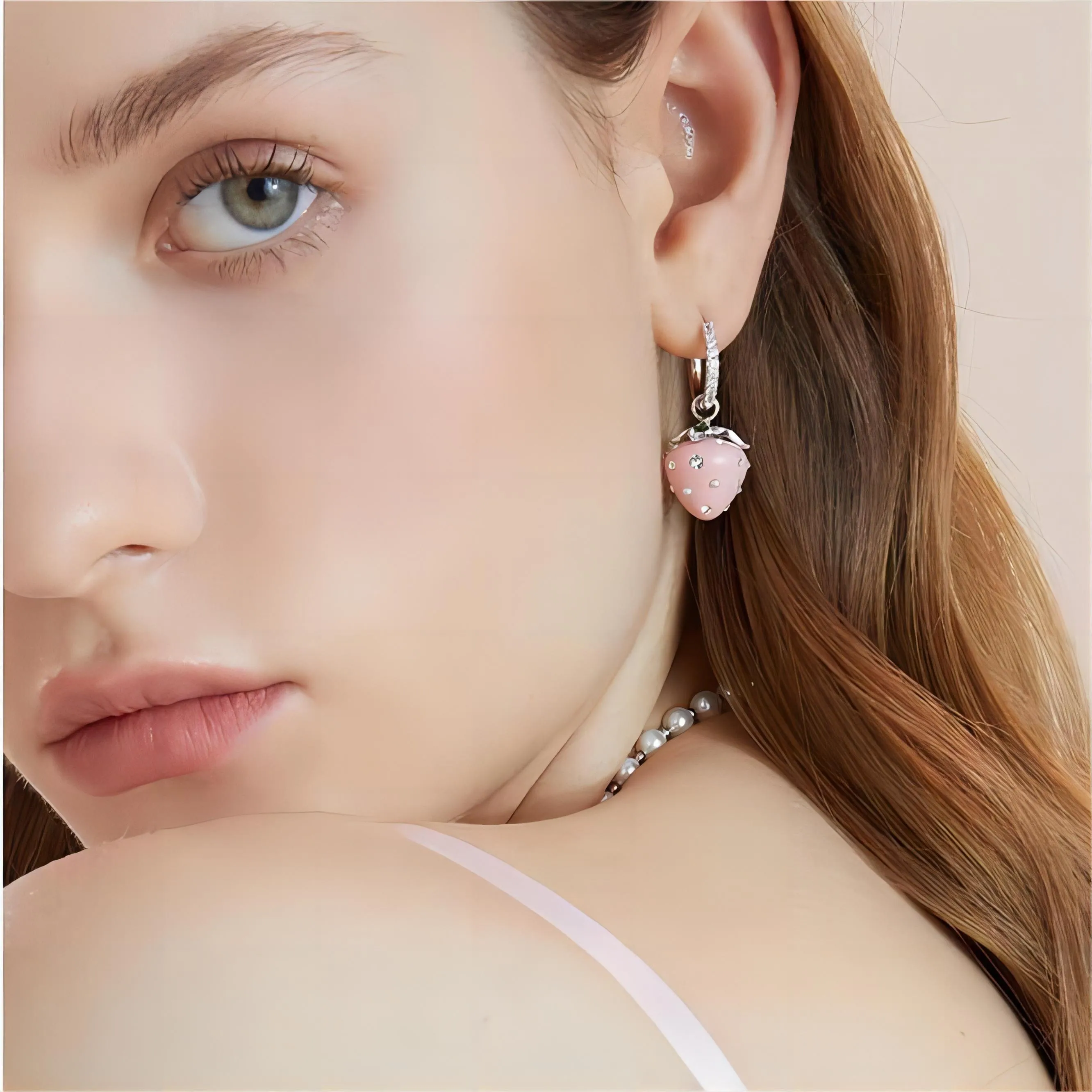 Chic CZ Inlaid Enamel Pink Strawberry Huggie Hoop Earrings