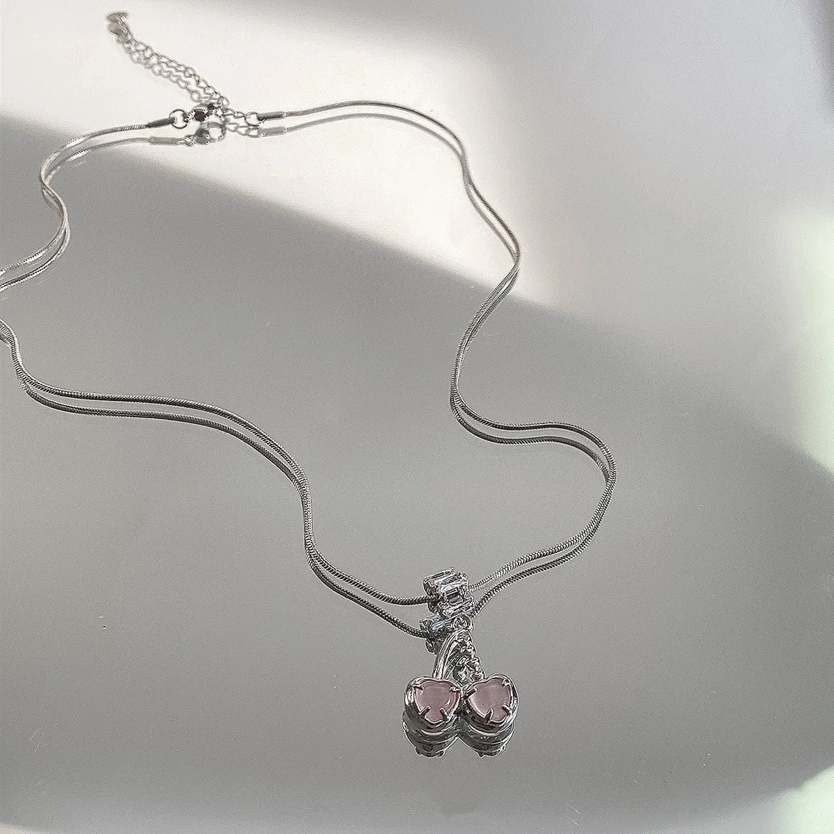 Chic CZ Inlaid Pink Cherry Pendant Necklace