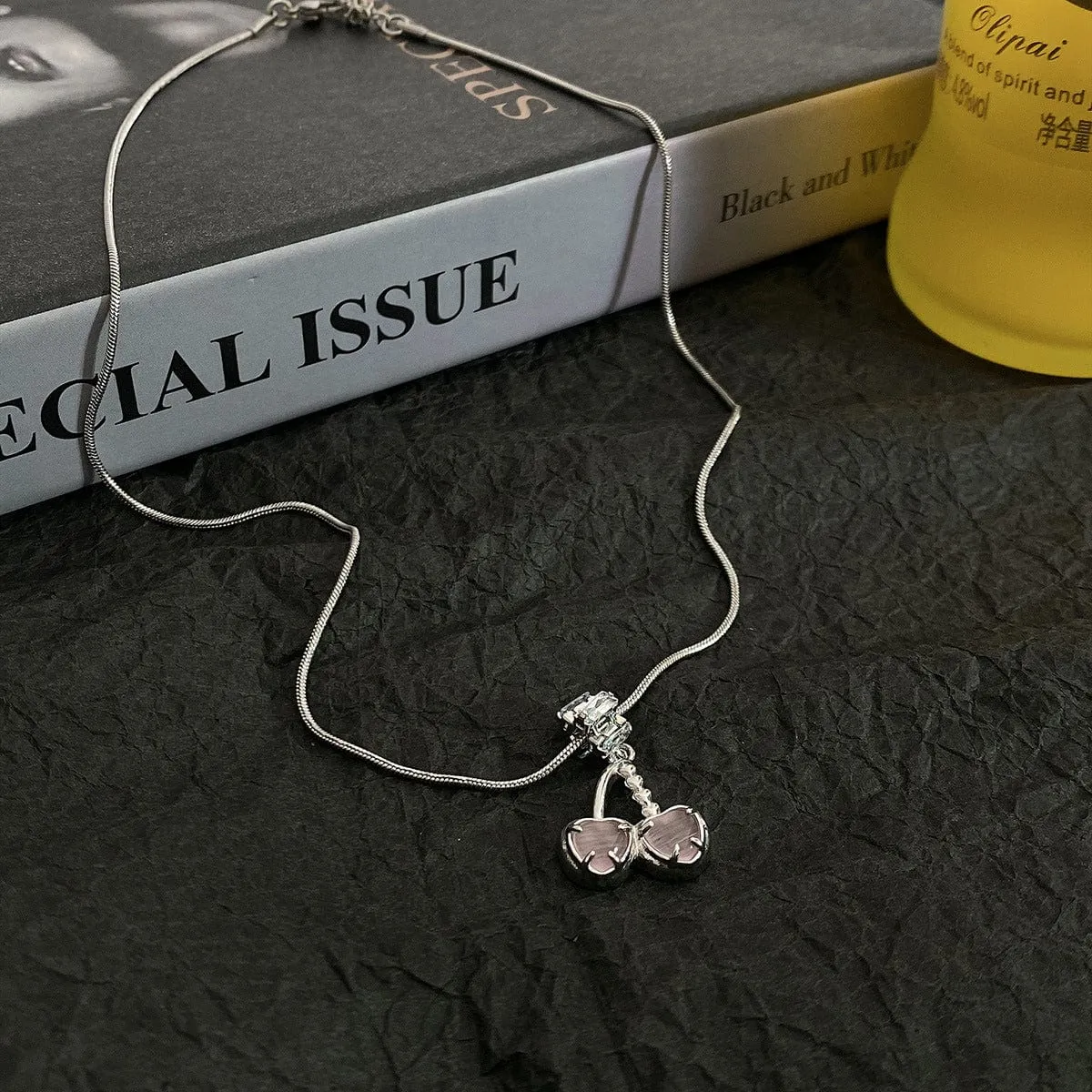 Chic CZ Inlaid Pink Cherry Pendant Necklace