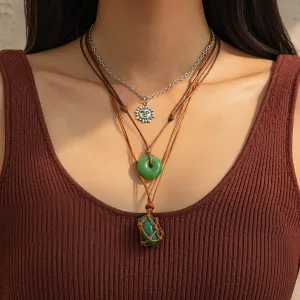 Chic Layered Crystal Sun Pendant Wax Cord String Necklace Set