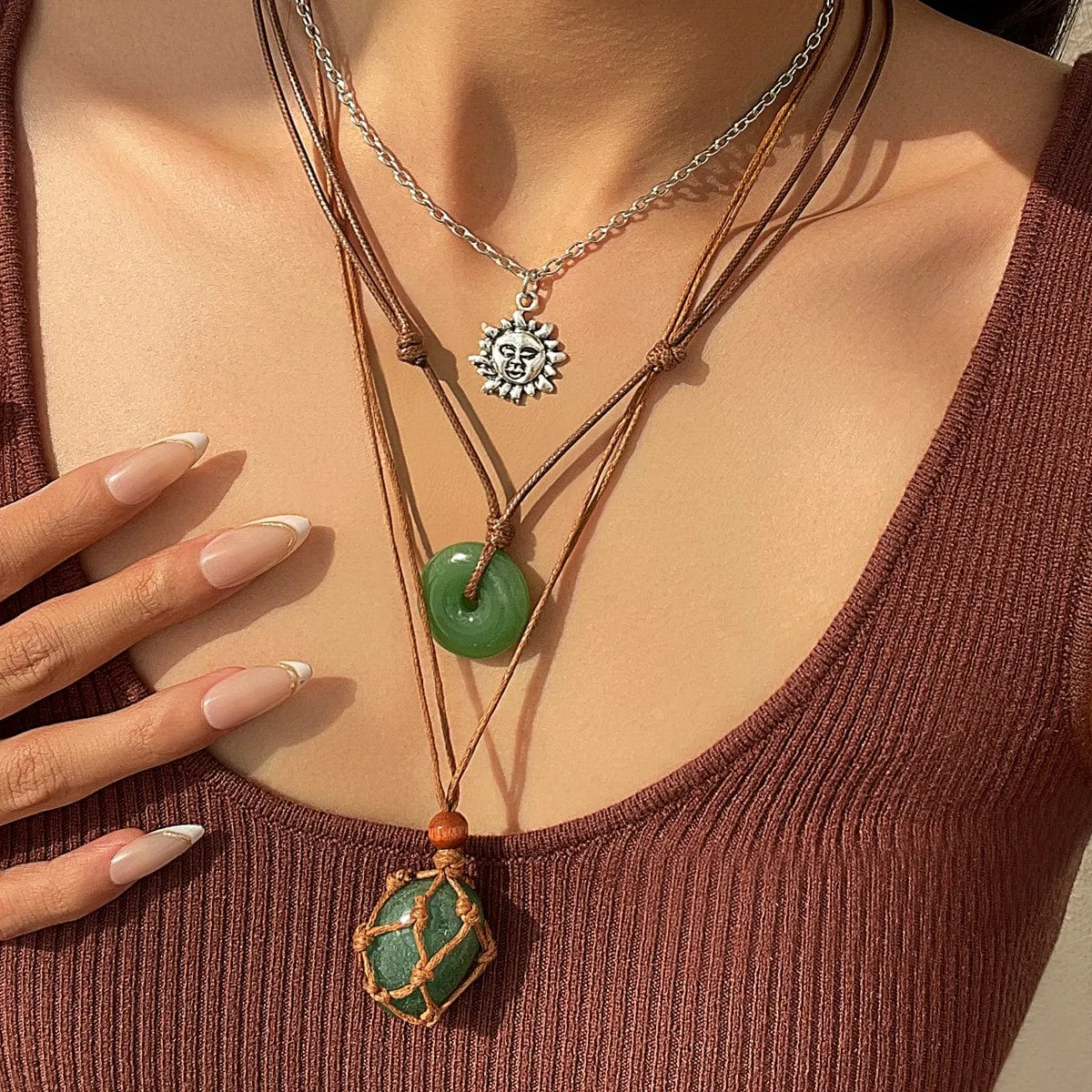 Chic Layered Crystal Sun Pendant Wax Cord String Necklace Set