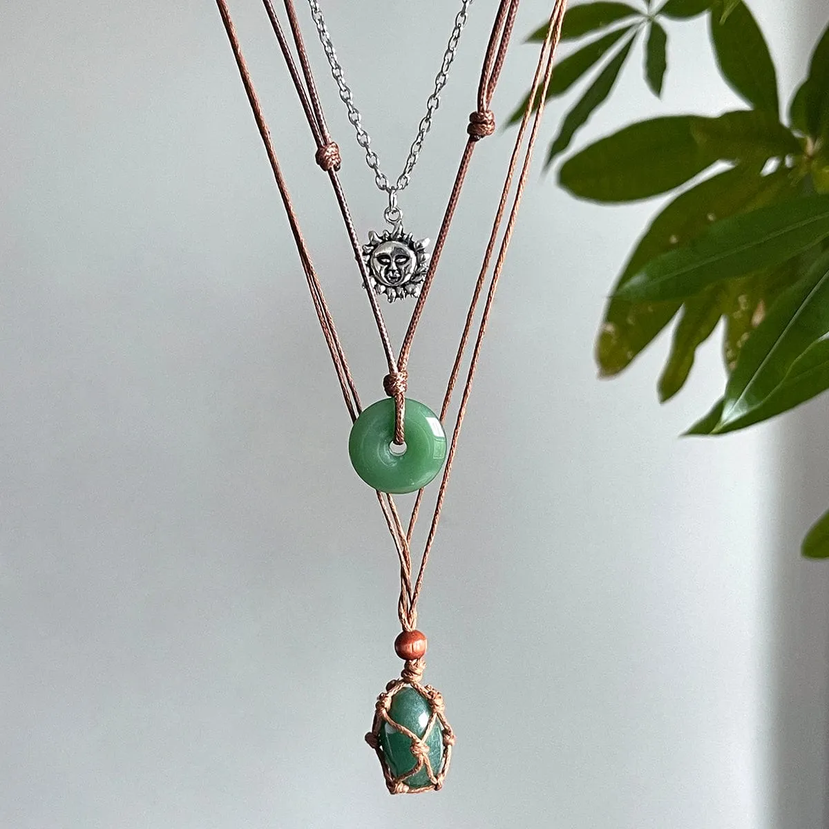 Chic Layered Crystal Sun Pendant Wax Cord String Necklace Set