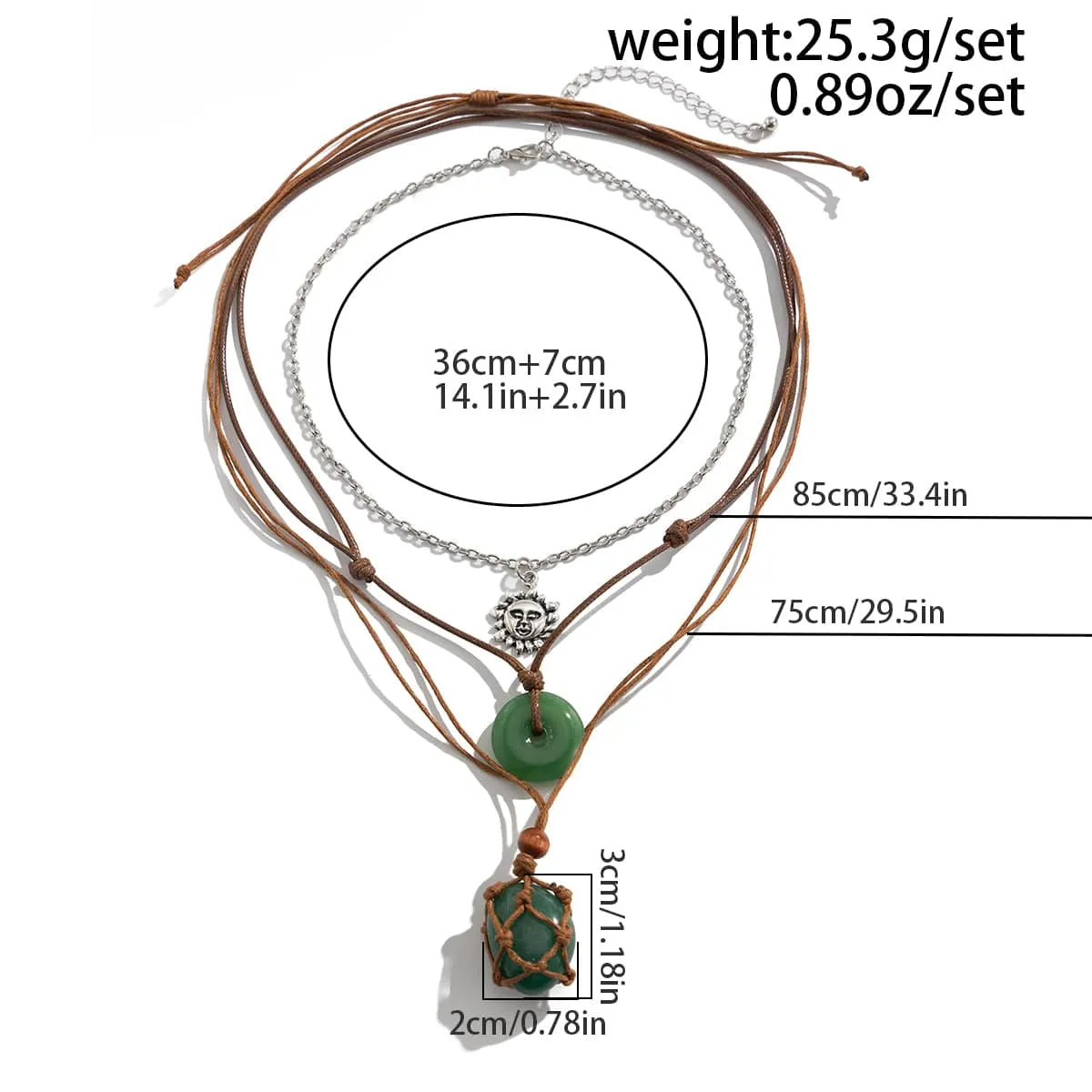 Chic Layered Crystal Sun Pendant Wax Cord String Necklace Set