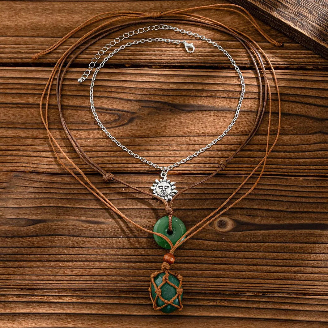 Chic Layered Crystal Sun Pendant Wax Cord String Necklace Set