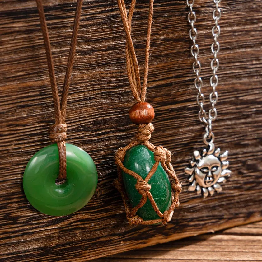 Chic Layered Crystal Sun Pendant Wax Cord String Necklace Set
