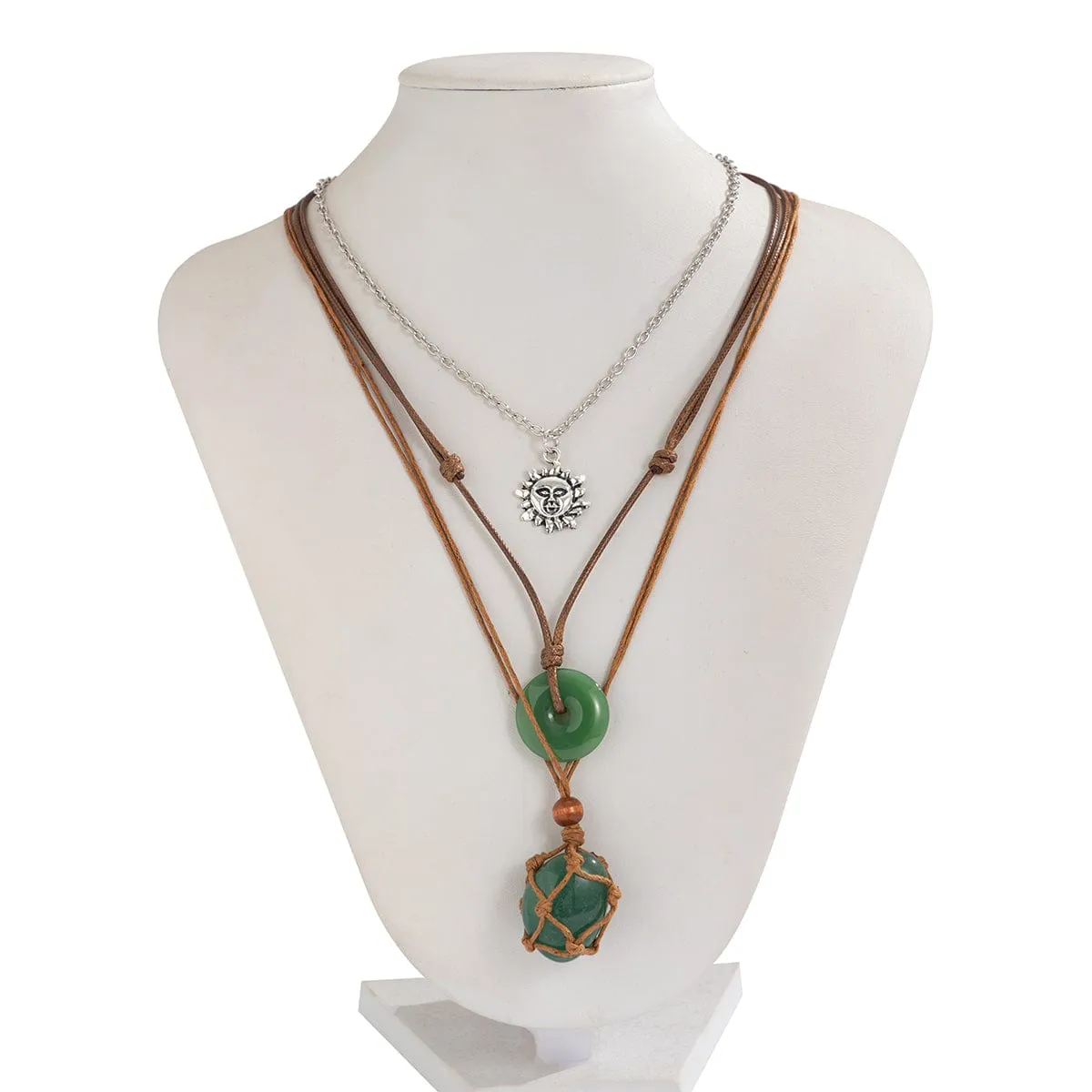 Chic Layered Crystal Sun Pendant Wax Cord String Necklace Set