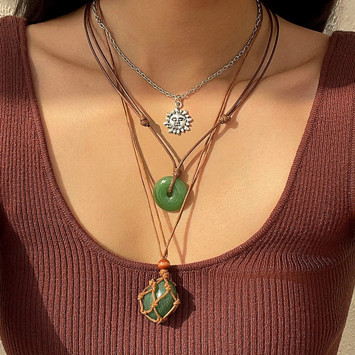 Chic Layered Crystal Sun Pendant Wax Cord String Necklace Set