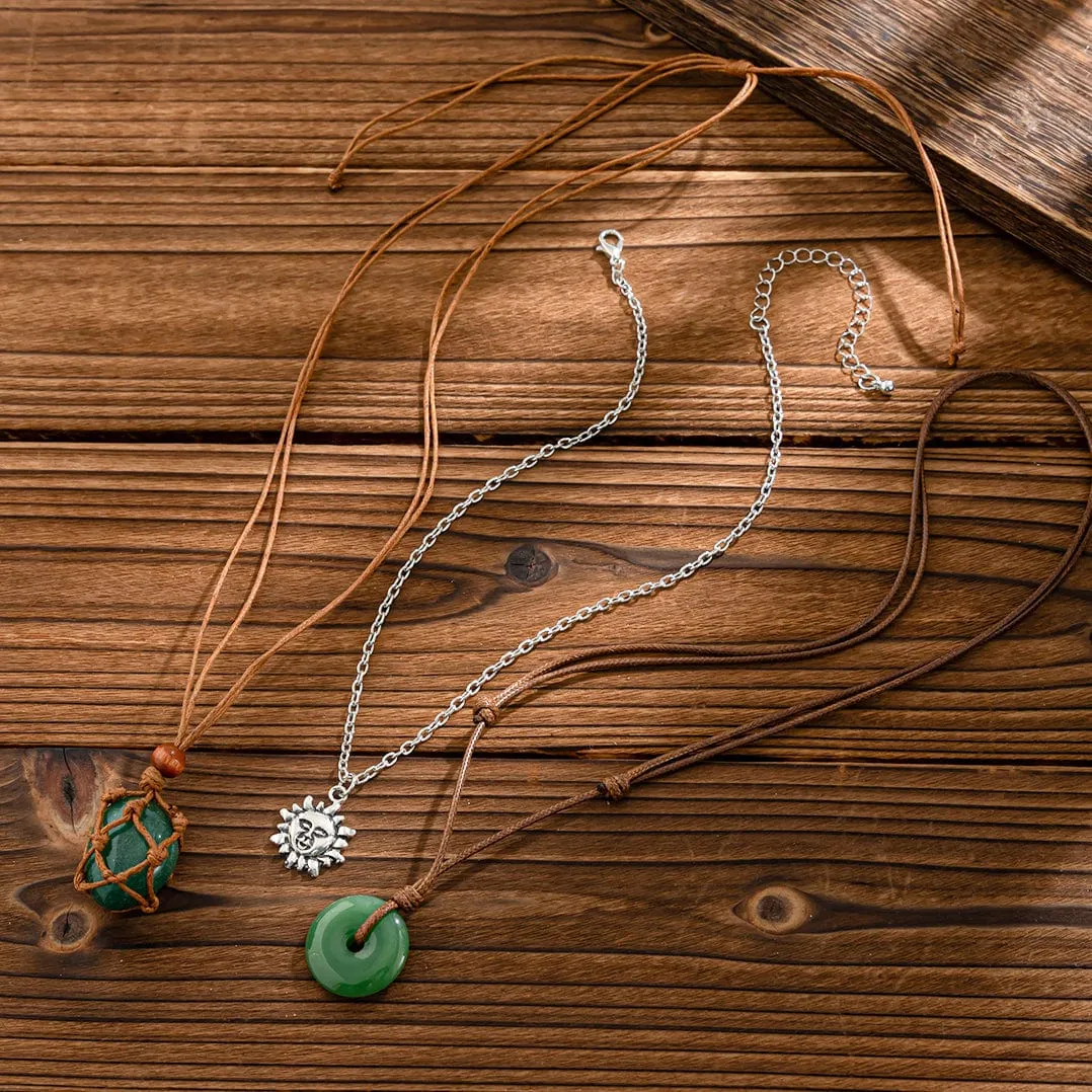 Chic Layered Crystal Sun Pendant Wax Cord String Necklace Set