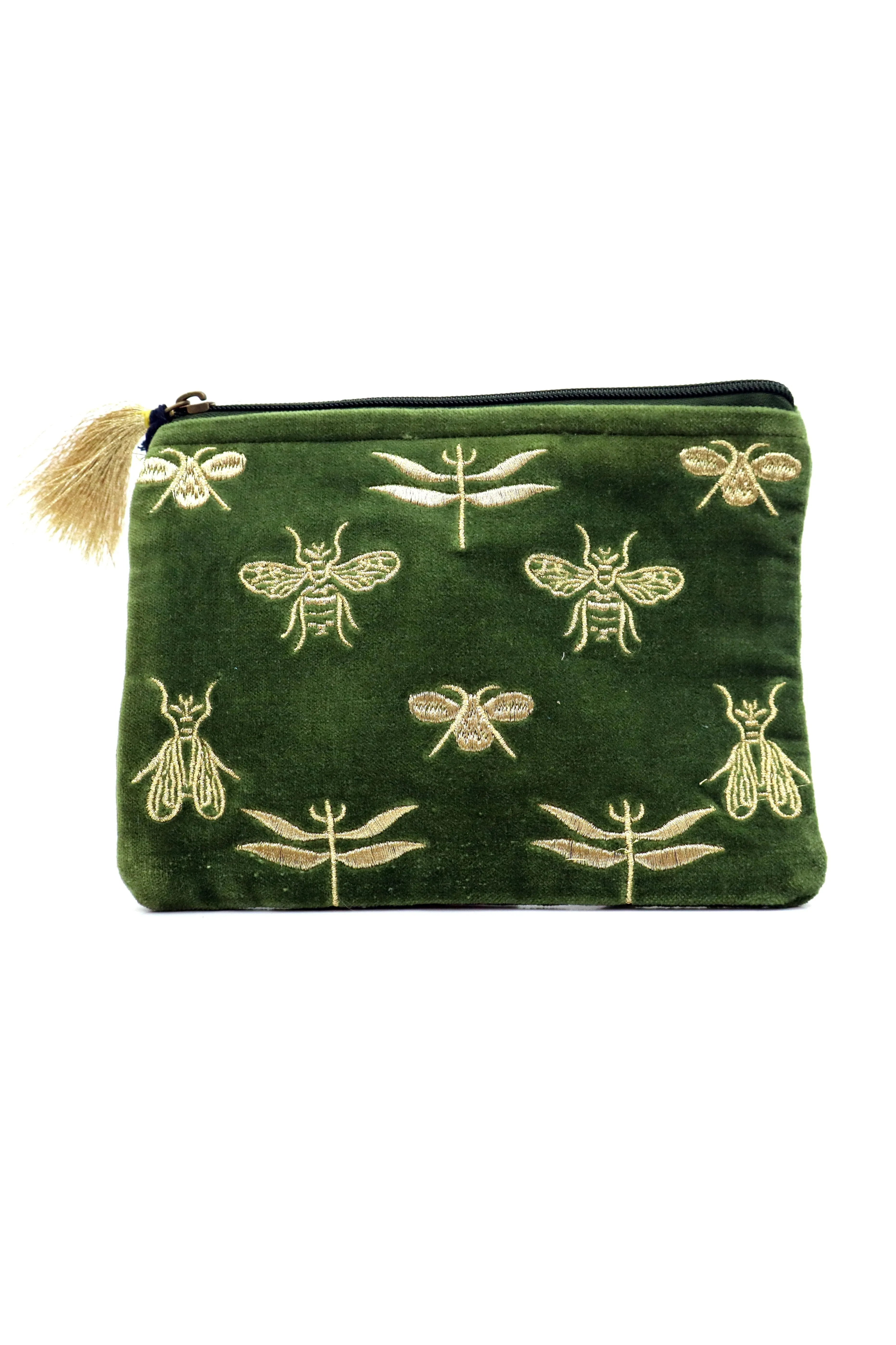 Chloe & Lex Green Velvet Bees & Dragonflies Pouch