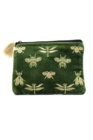 Chloe & Lex Green Velvet Bees & Dragonflies Pouch