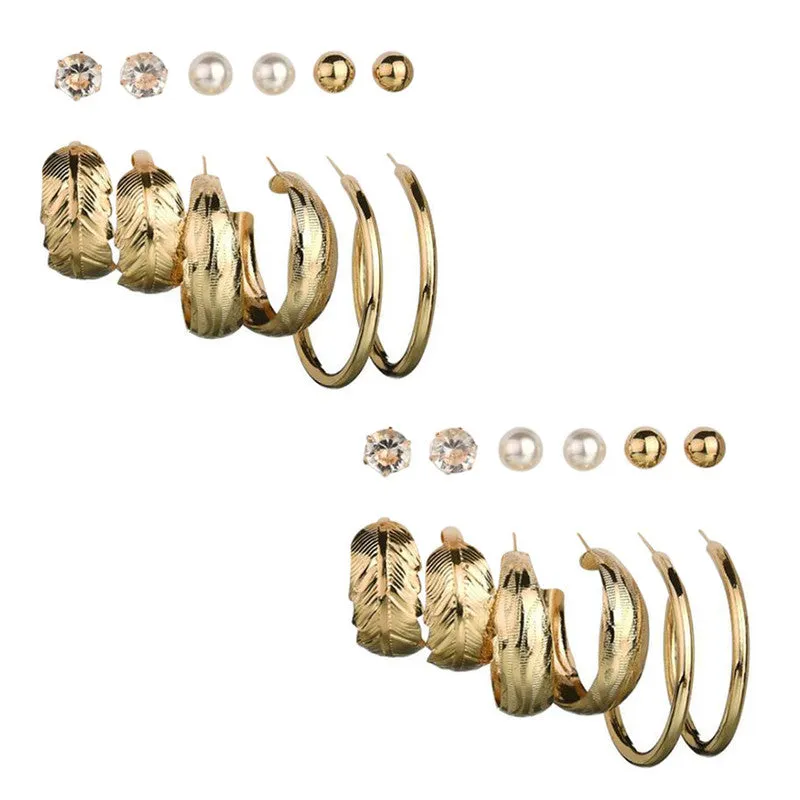 Combo of 12 Pair Pearl Studs and Leaf Hoop Earrings