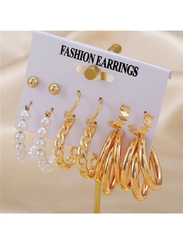 Combo of 12 Pair Pearl Studs and Leaf Hoop Earrings