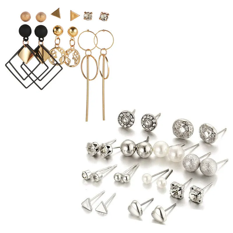Combo of 18 Pair Silver and Golden Studded Pearl Stud Earrings