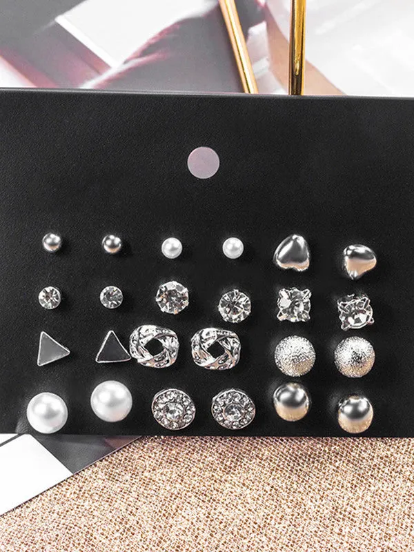 Combo of 18 Pair Silver and Golden Studded Pearl Stud Earrings