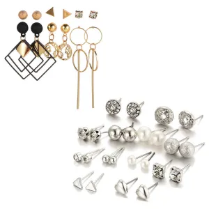 Combo of 18 Pair Silver and Golden Studded Pearl Stud Earrings