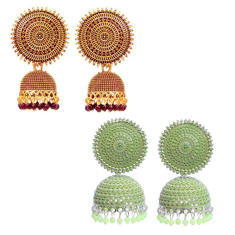 Combo of 2 Seagreen and Maroon Pearls Dome Shape Jhumki