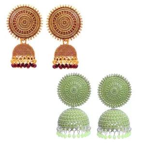 Combo of 2 Seagreen and Maroon Pearls Dome Shape Jhumki