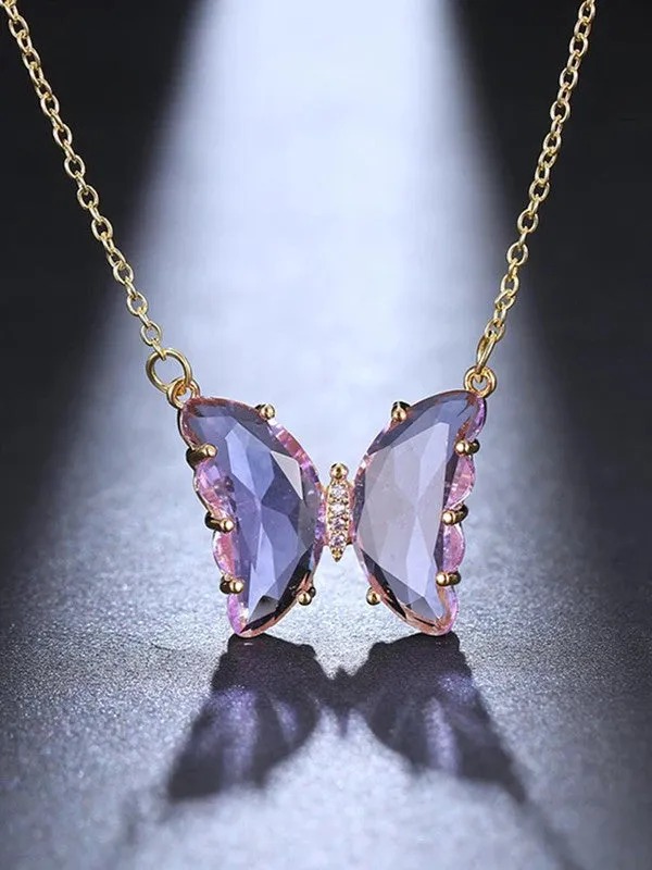 Combo of Purple Crystal Butterfly Pendant With Ring
