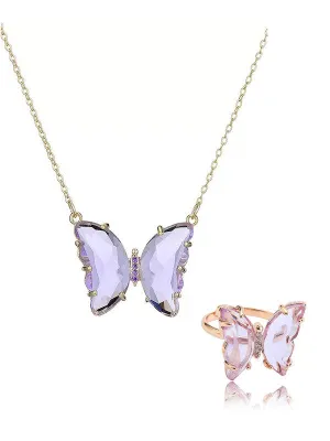 Combo of Purple Crystal Butterfly Pendant With Ring