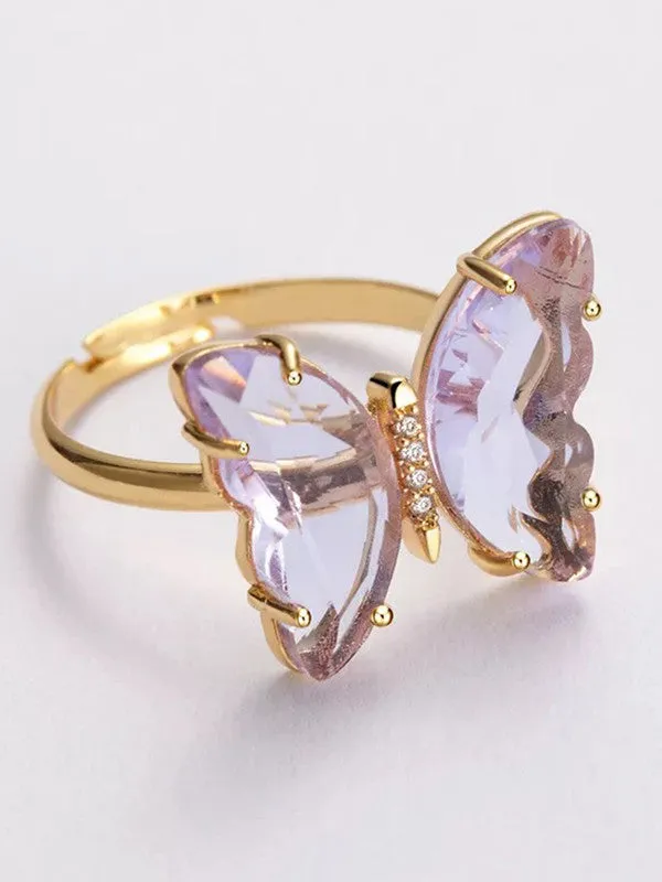 Combo of Purple Crystal Butterfly Pendant With Ring