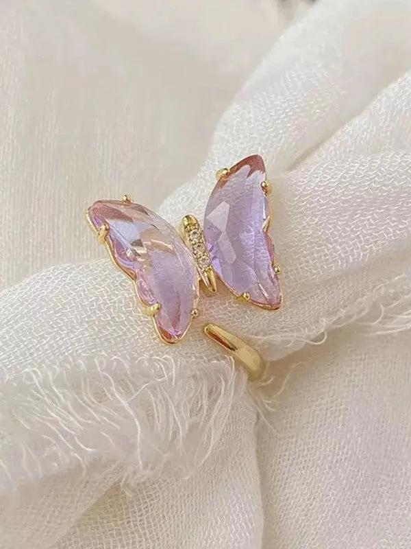 Combo of Purple Crystal Butterfly Pendant With Ring
