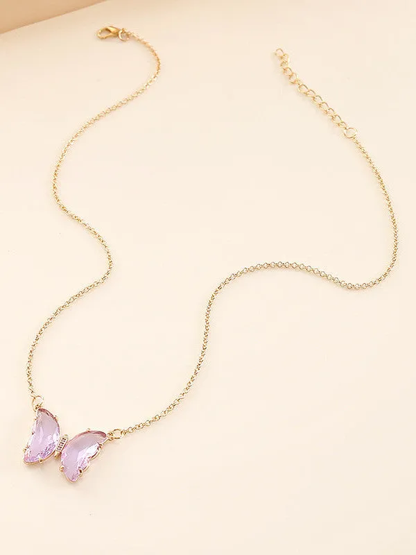 Combo of Purple Crystal Butterfly Pendant With Ring