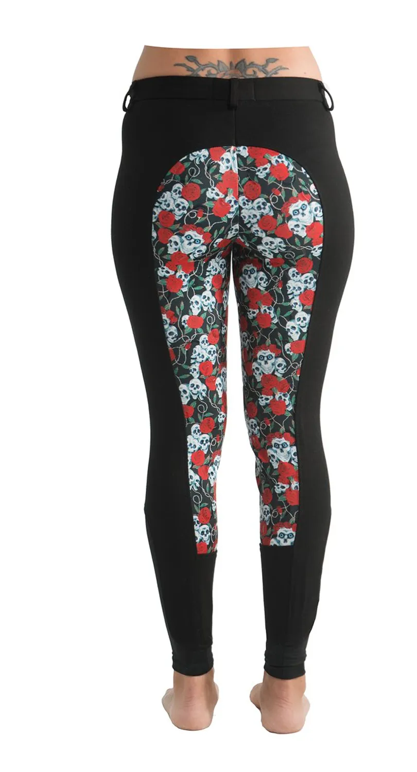 Curvy Mare | High-Waist Breech | Black   Skulls Roses | No Side Phone Pocket
