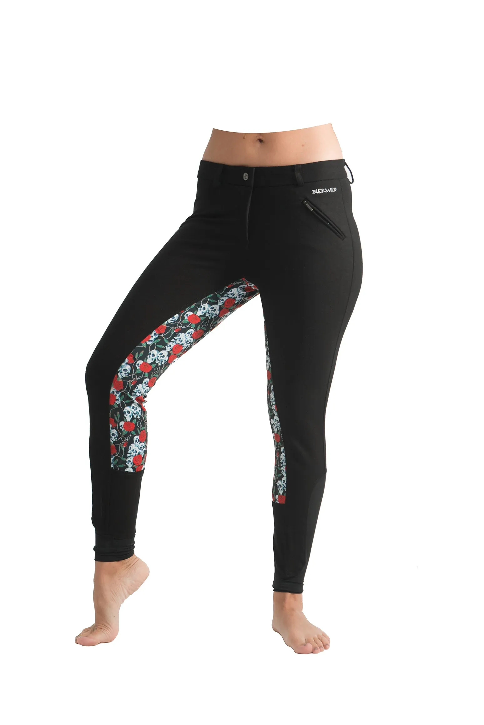 Curvy Mare | High-Waist Breech | Black   Skulls Roses | No Side Phone Pocket