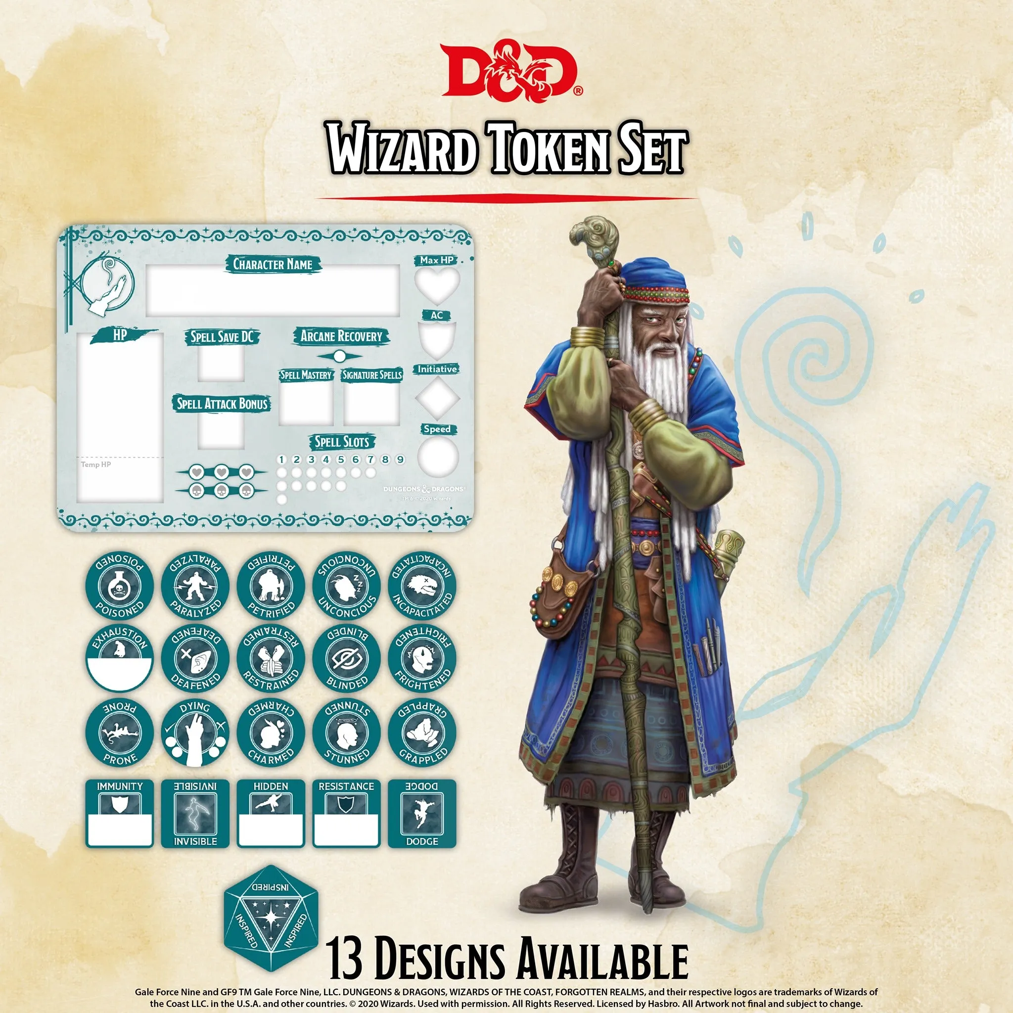 D&D RPG: Wizard Token Set ( Player Board & 22 Tokens)