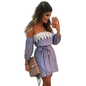 Elastic Off Shoulder Blue Striped Mini Dress Women Girl Casual Short White Applique Party Dress With Belt