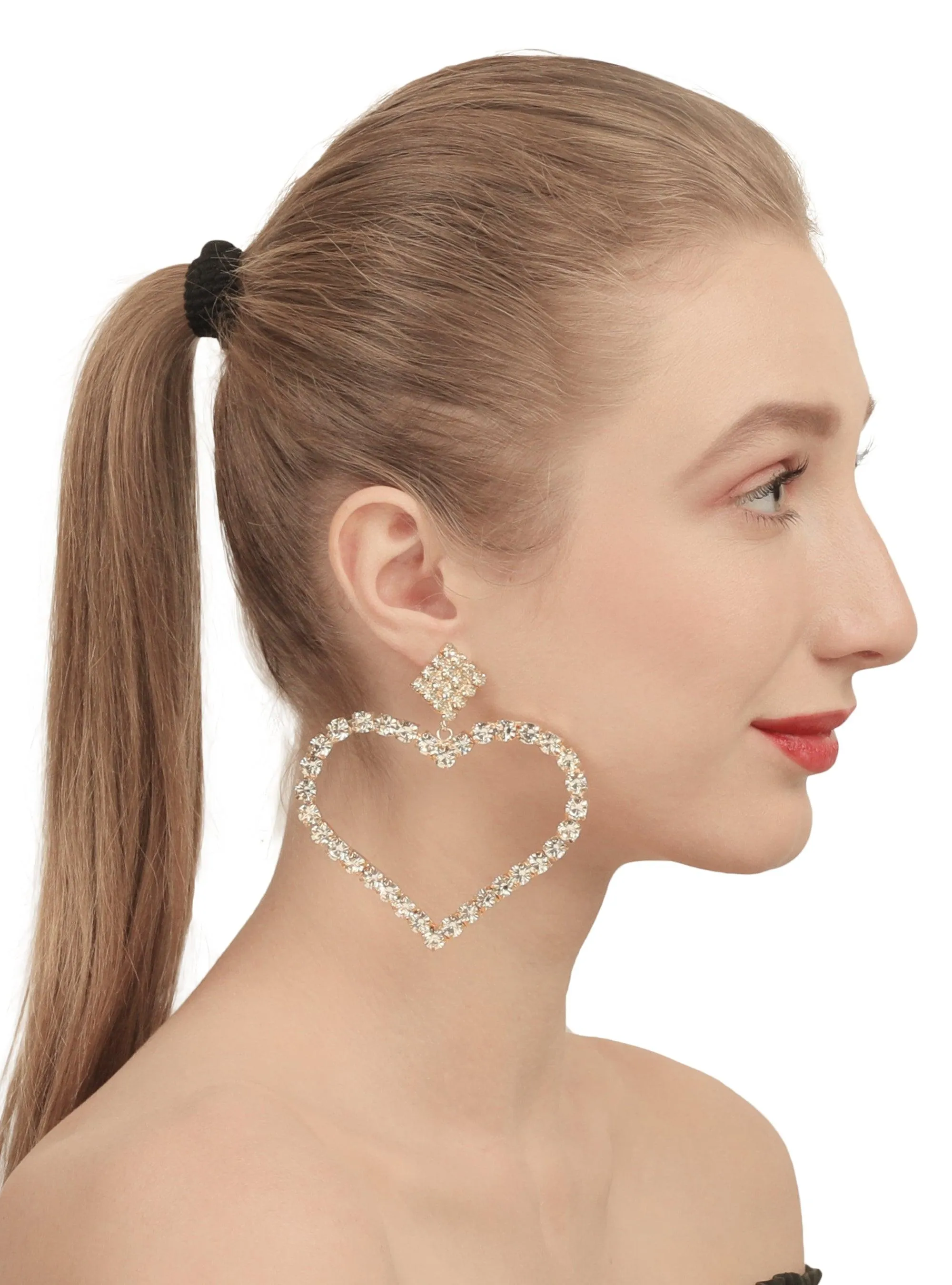 Embellished Golden Studded Heart Shaped Stud Earrings
