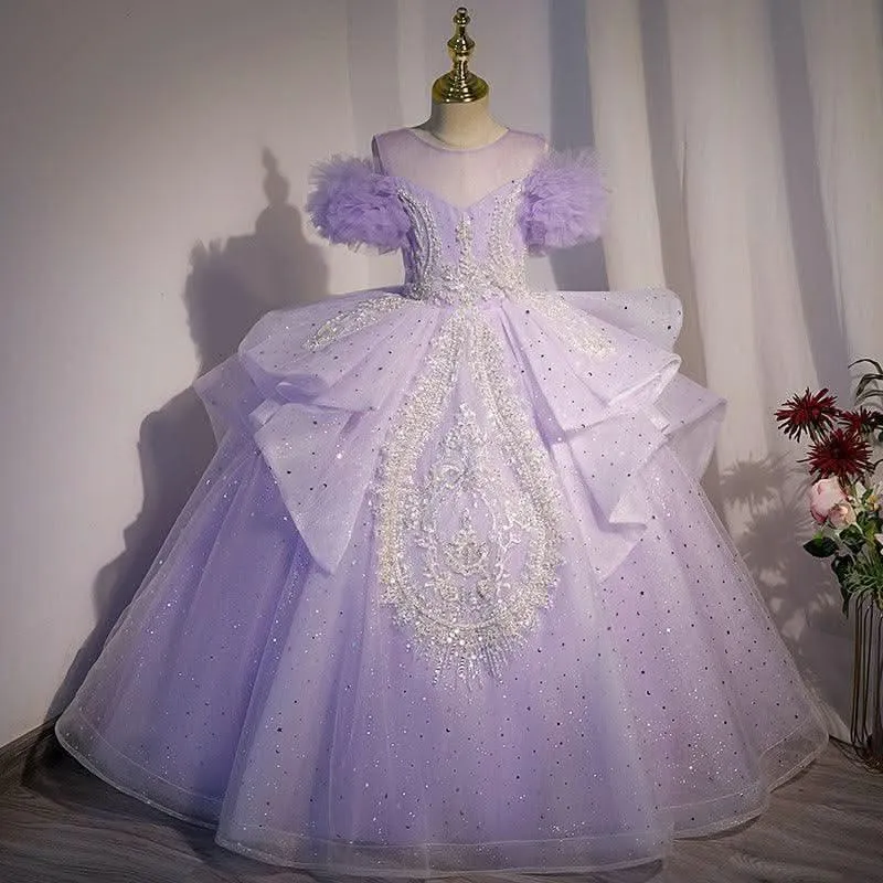 Enchanted Purple Princess Dress Shiny Silver Embroidered Ball Gown