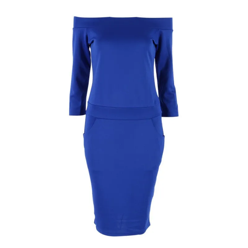 Fashion Club Clothing Summer Women Bodycon Dress Three Quarter Sleeve Slash Neck Dresses Casual Party Red Blue Black