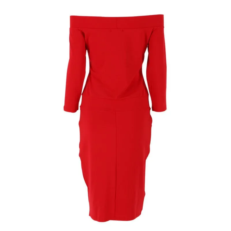Fashion Club Clothing Summer Women Bodycon Dress Three Quarter Sleeve Slash Neck Dresses Casual Party Red Blue Black