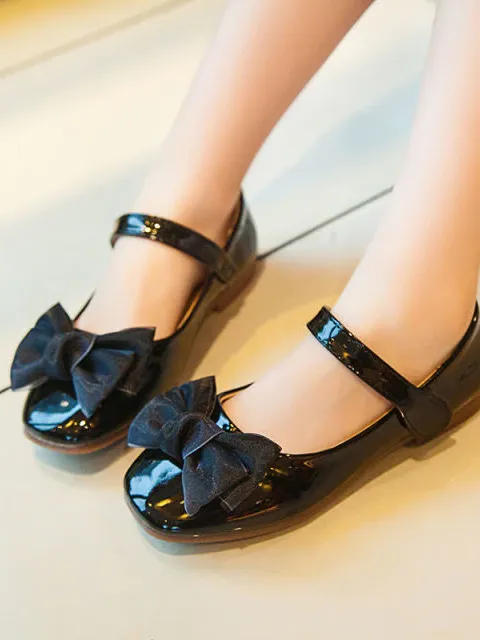 Girls Big Satin Bow Vegan Patent Leather Ballerina Flats By Liv and Mia