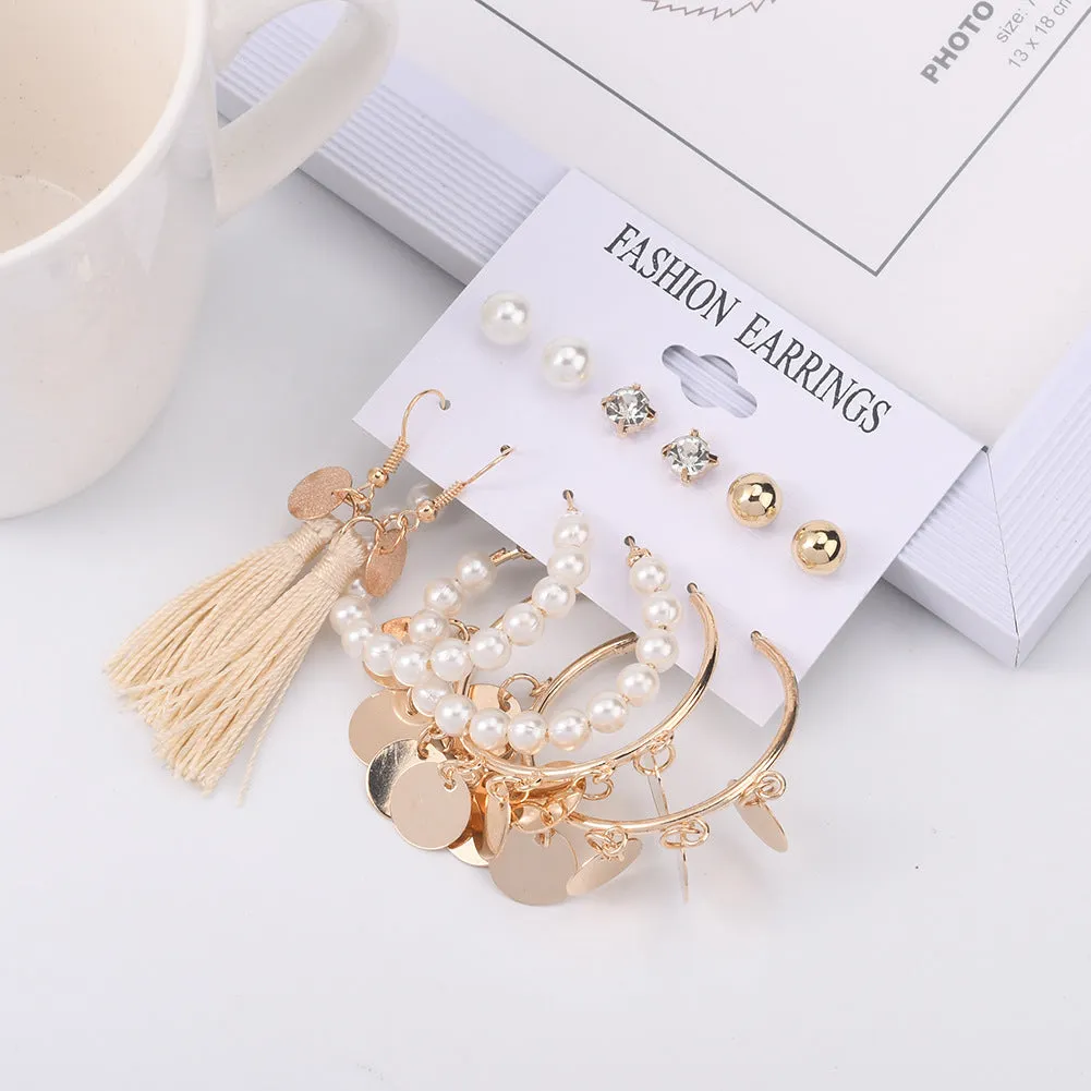 Gold Plated 6 Pair Hoop Drop and Pearl Stud Earrings