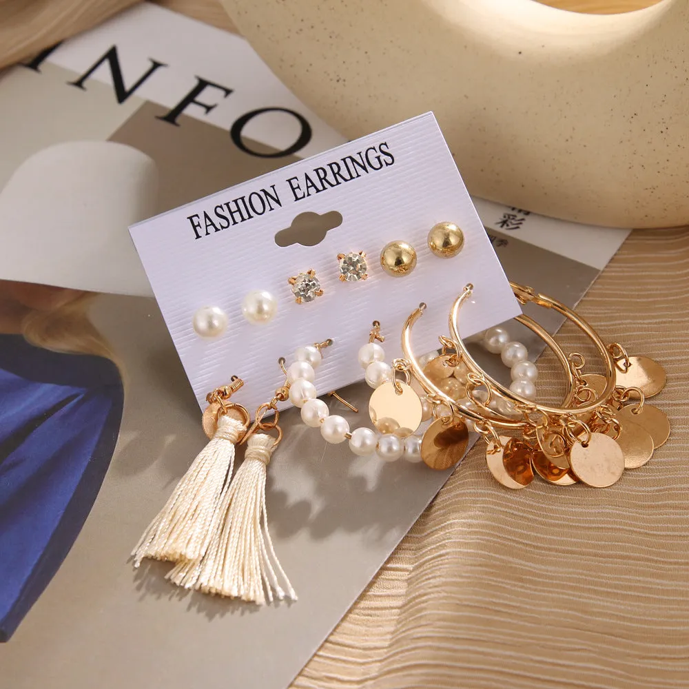Gold Plated 6 Pair Hoop Drop and Pearl Stud Earrings