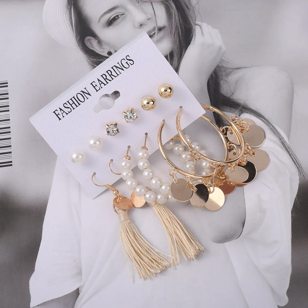 Gold Plated 6 Pair Hoop Drop and Pearl Stud Earrings