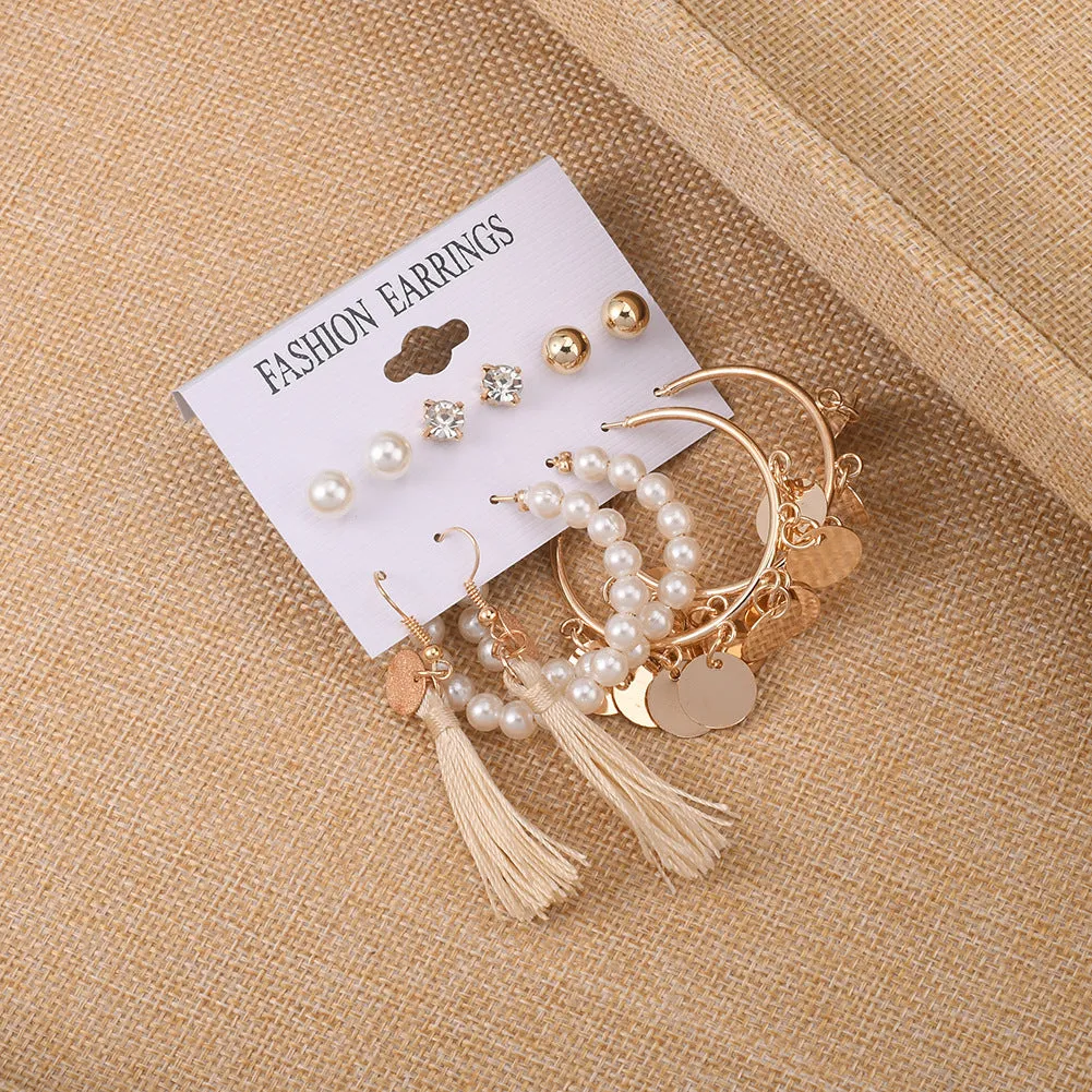 Gold Plated 6 Pair Hoop Drop and Pearl Stud Earrings