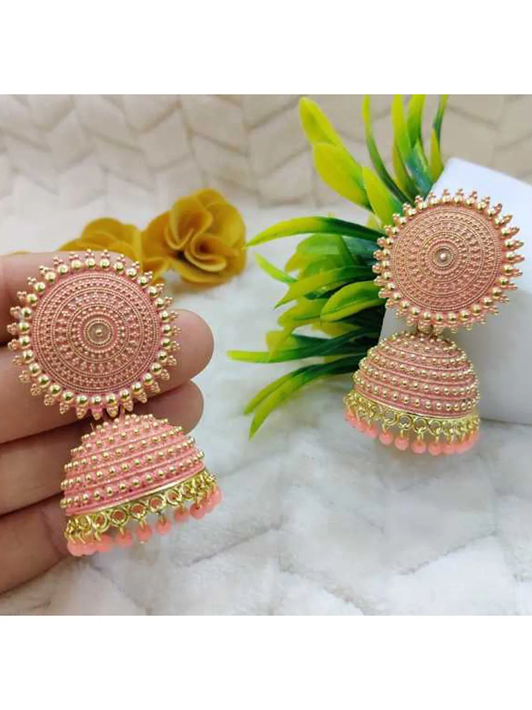 Golden Peach Pearls Dome Jhumka