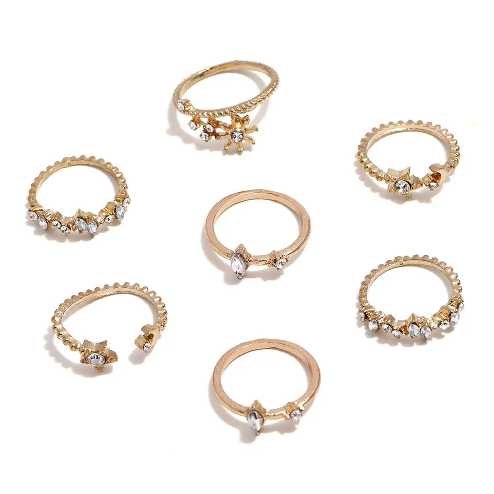 Golden Seven Piece White Crystal Multi Designs Ring Set