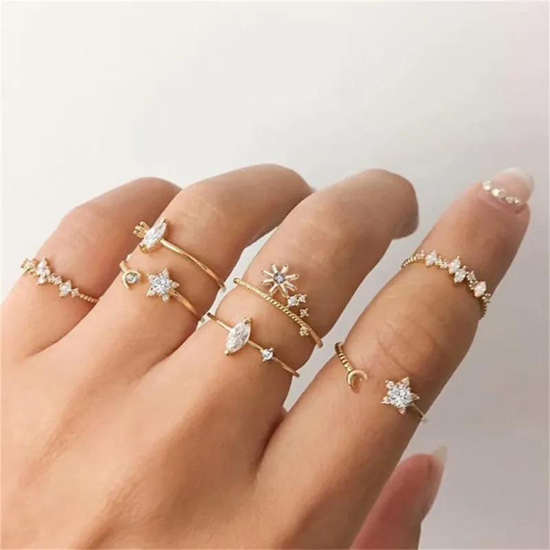 Golden Seven Piece White Crystal Multi Designs Ring Set