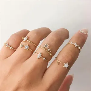 Golden Seven Piece White Crystal Multi Designs Ring Set
