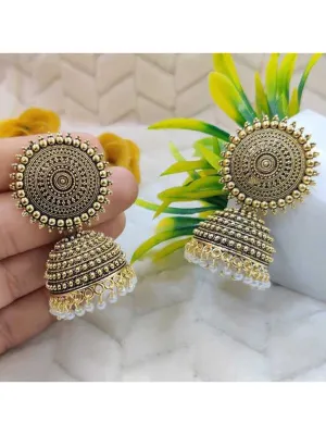 Golden White Pearls Dome Shape Jhumka
