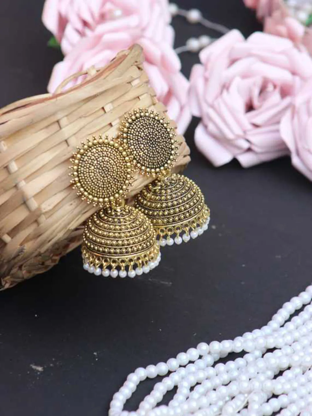 Golden White Pearls Dome Shape Jhumka