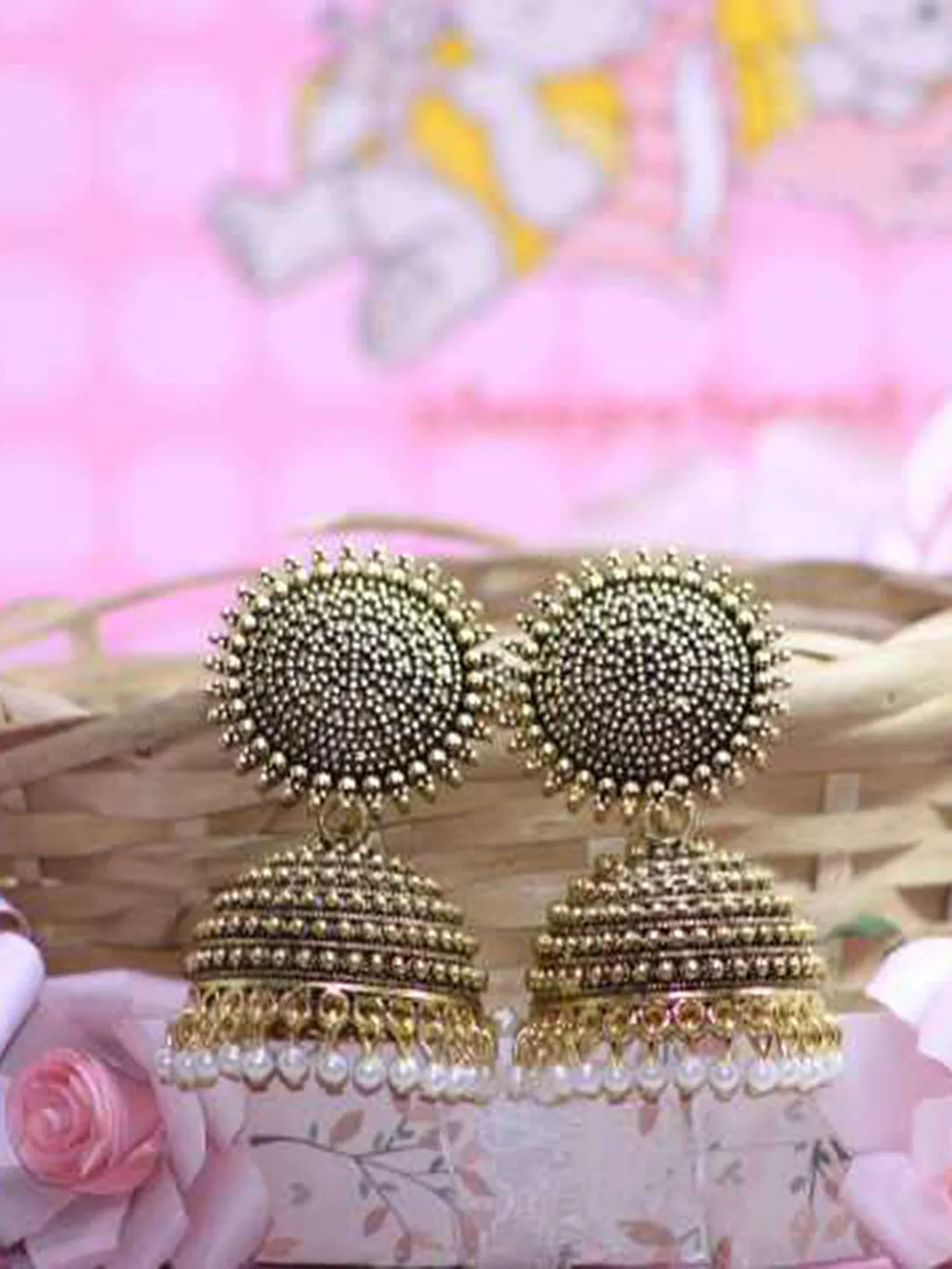 Golden White Pearls Dome Shape Jhumka