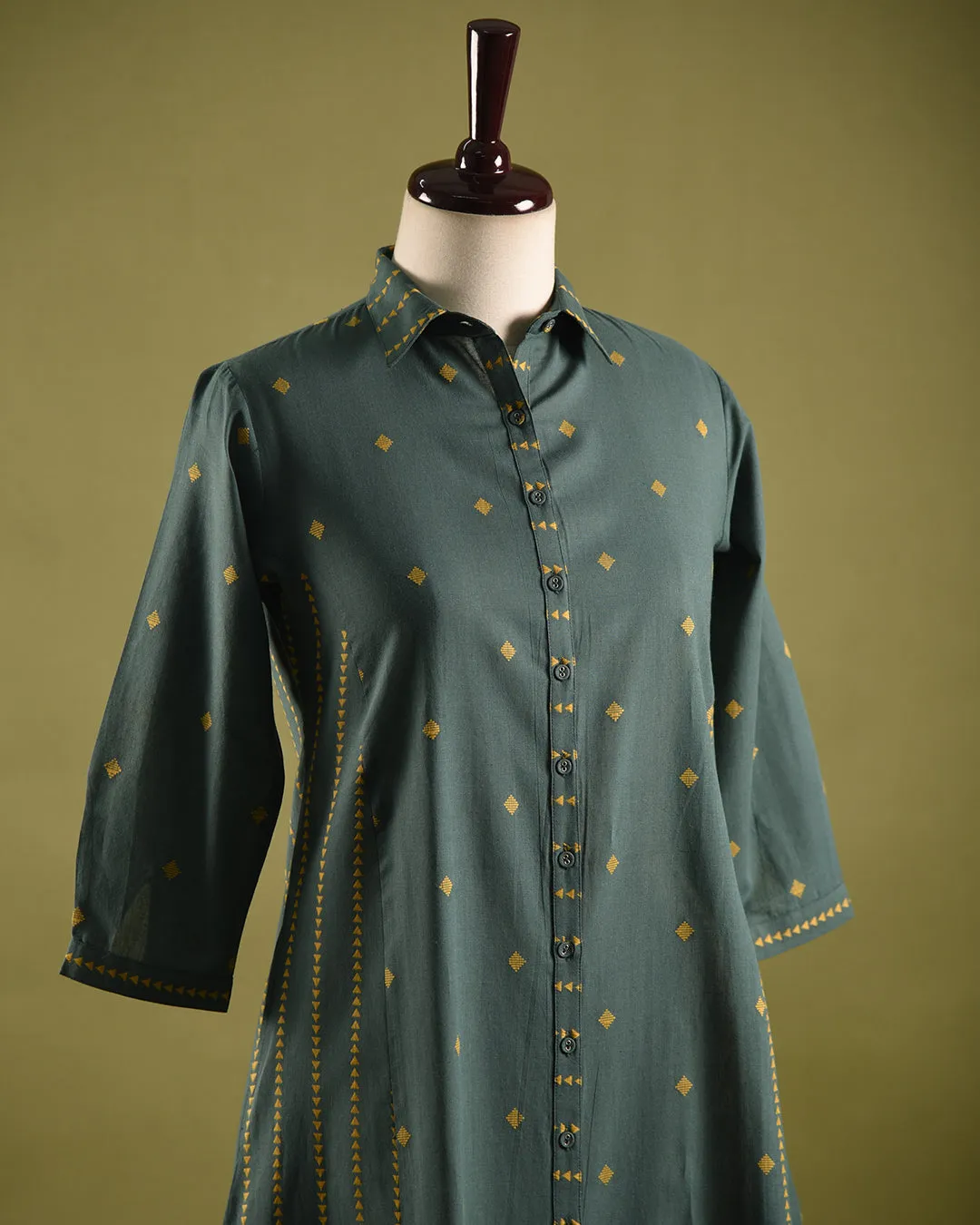 Green Cotton Handloom Woven Ready-To-Wear A Line Co-ord Set With Cullottes