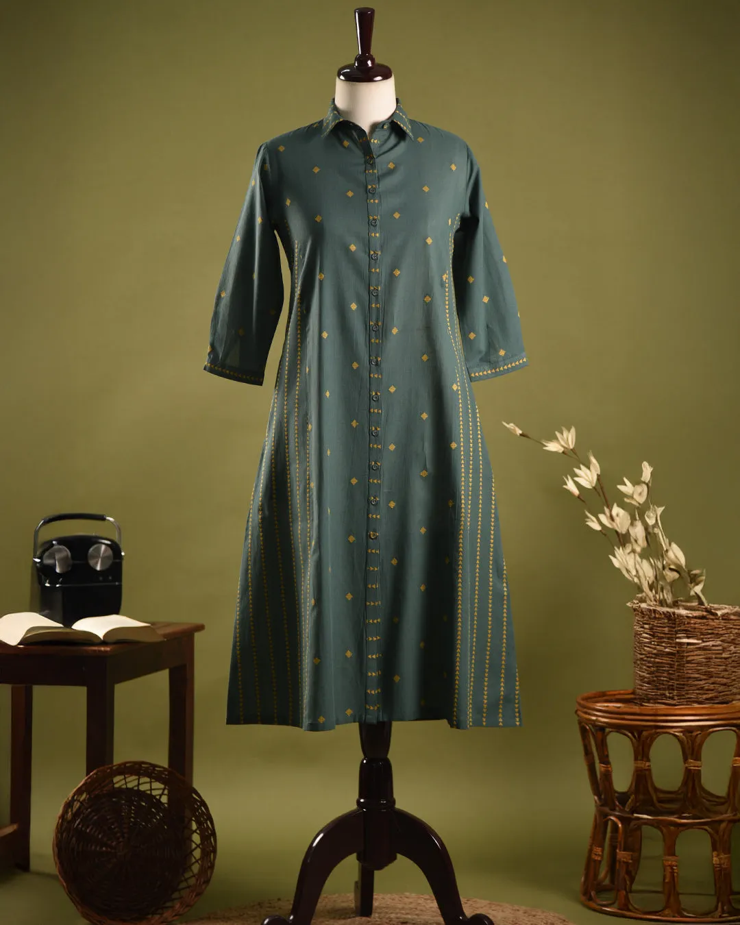 Green Cotton Handloom Woven Ready-To-Wear A Line Co-ord Set With Cullottes